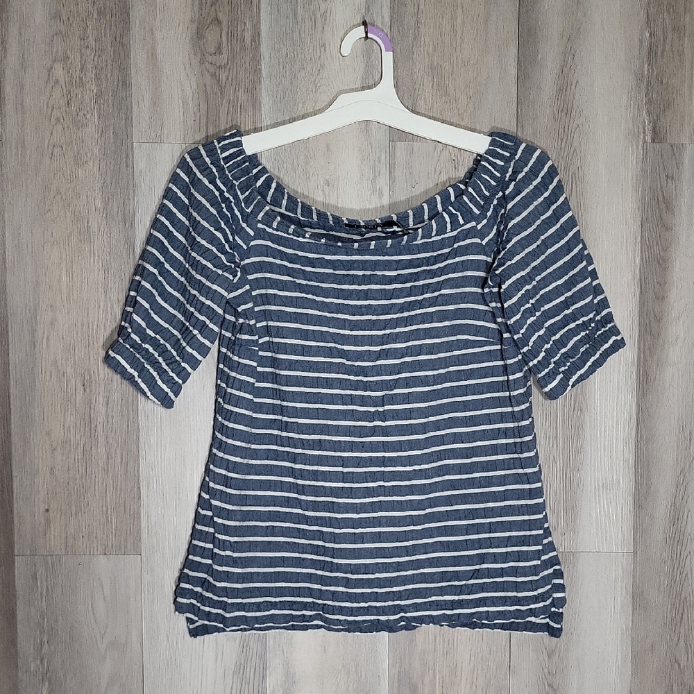 Lauren RL Womens Medium Off Shoulder Blouse‎ Blue White Stripe Seersucker Linen